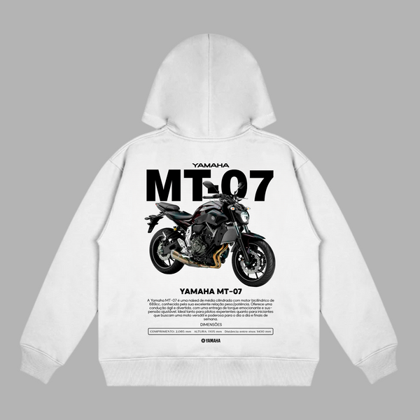 White Yamaha MT-07 hoodie with naked bike illustration printed on the back