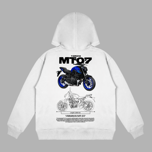 Hoodie blanc Yamaha MT 07 avec imprimé moto bleue et schéma mécanique détaillé