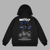 Hoodie noir Yamaha MT 07 avec visuel moto bleue et plan technique au dos