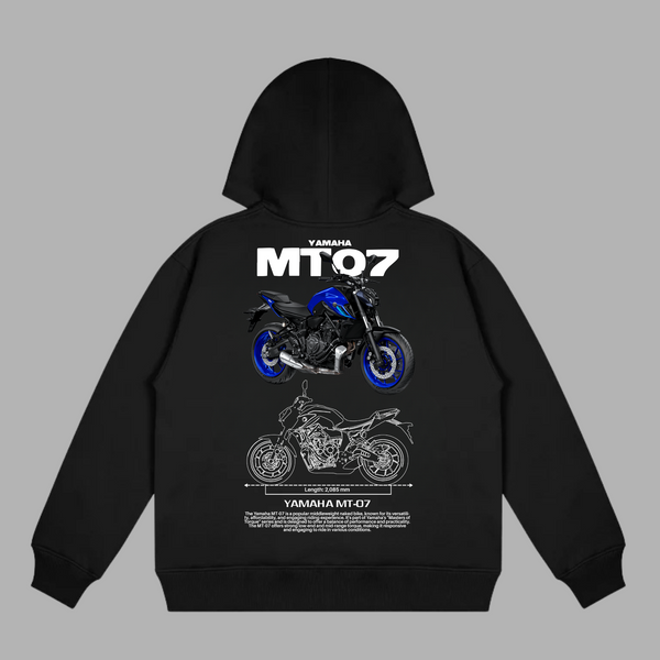 Hoodie noir Yamaha MT 07 avec visuel moto bleue et plan technique au dos