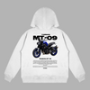 Hoodie blanc Yamaha MT 09 avec visuel moto et description technique imprimée