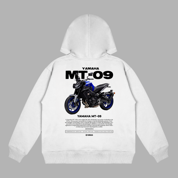 Hoodie blanc Yamaha MT 09 avec visuel moto et description technique imprimée