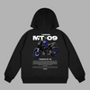 Hoodie noir Yamaha MT 09 avec moto bleue et texte technique dans le dos