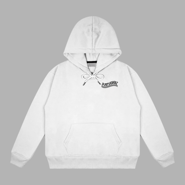 White hoodie front view with Durty Bikerz logo printed on the chest