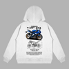 White Yamaha R1 hoodie with detailed sportbike graphic printed on the back