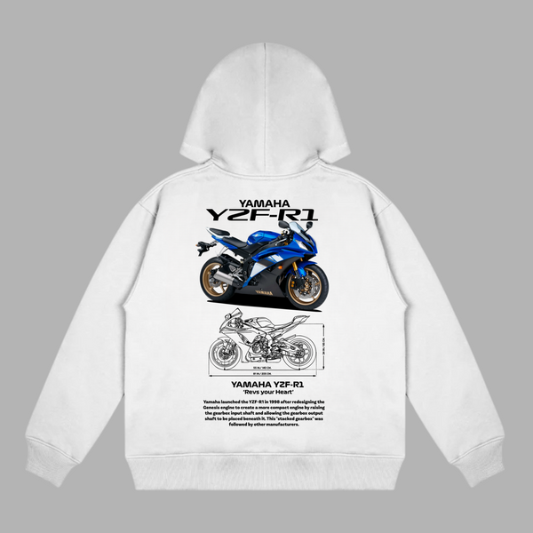 White Yamaha R1 hoodie with detailed sportbike graphic printed on the back
