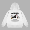 White Yamaha Ténéré hoodie with motorcycle adventure design printed on the back
