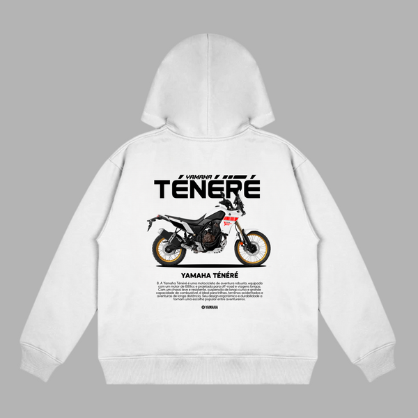 White Yamaha Ténéré hoodie with motorcycle adventure design printed on the back