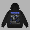 Black Yamaha YZ250 hoodie with bold blue motocross graphic printed on the back