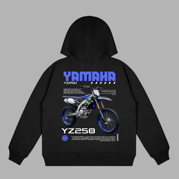 Black Yamaha YZ250 hoodie with bold blue motocross graphic printed on the back