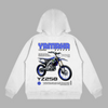 White Yamaha YZ250 hoodie with motocross dirt bike blueprint design printed on the back
