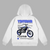 White Yamaha YZ250 hoodie with motocross dirt bike blueprint design printed on the back
