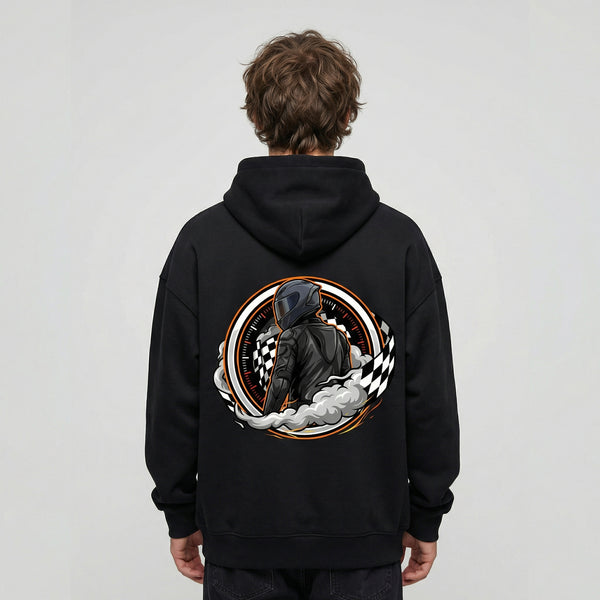 Black moto desert sunset graphic hoodie back close
