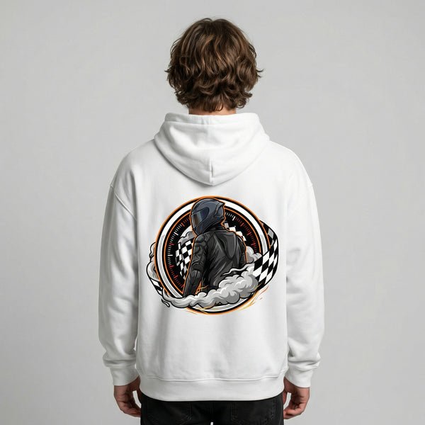 White moto desert sunset graphic hoodie back close