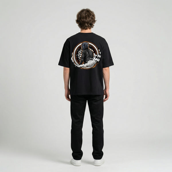 Black moto desert sunset graphic t-shirt back view
