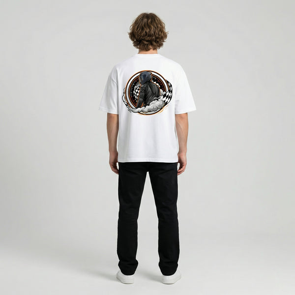 White moto desert sunset graphic t-shirt back