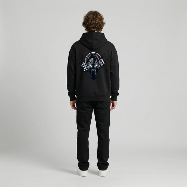 Black moto helmet graphic hoodie back full view