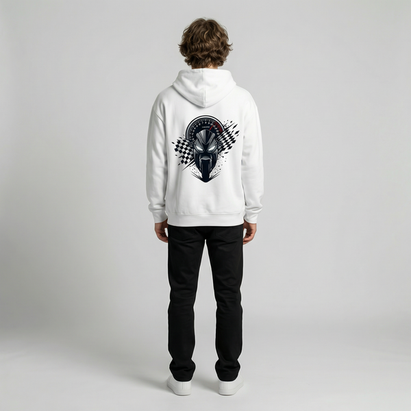 White moto helmet graphic hoodie back full view