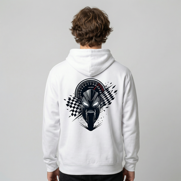 White moto helmet graphic hoodie back view