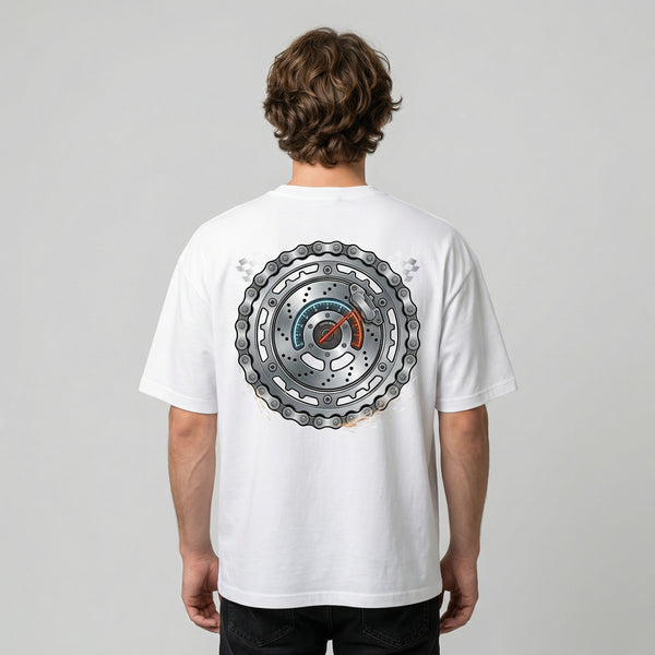 White moto speedometer brake disc graphic t-shirt back