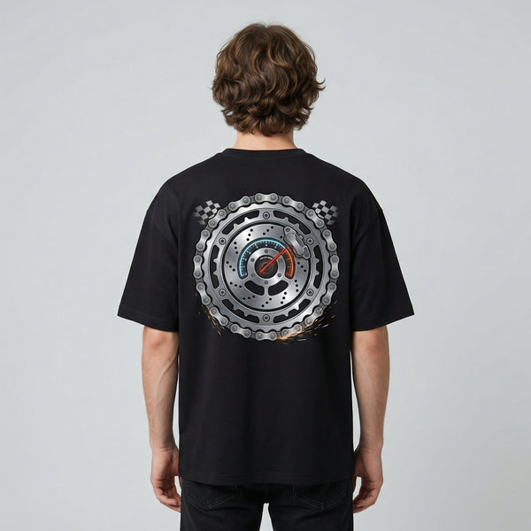 Black moto speedometer brake disc graphic t-shirt back