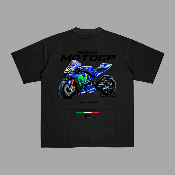 Close-up of white Valentino Rossi MotoGP T-shirt with bold Yamaha graphics and official sponsors