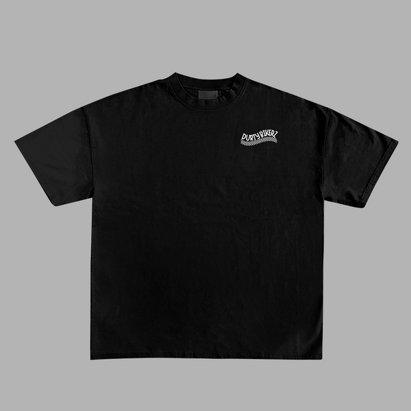 Black T-shirt front view with Durty Bikerz chest logo, casual streetwear style