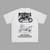 White T-shirt with BMW R1200GS motorcycle design and blueprint specs printed on the back