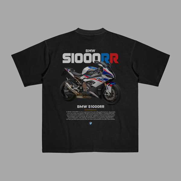 Black BMW S1000RR T-shirt with detailed rear print of the superbike and technical specs