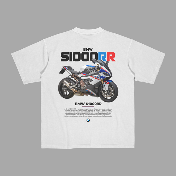 White T-shirt featuring BMW S1000RR superbike with blueprint and racing-style graphics on the back