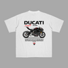 White t-shirt featuring Ducati Panigale V4 SP2 superbike artwork and racing blueprint on the back