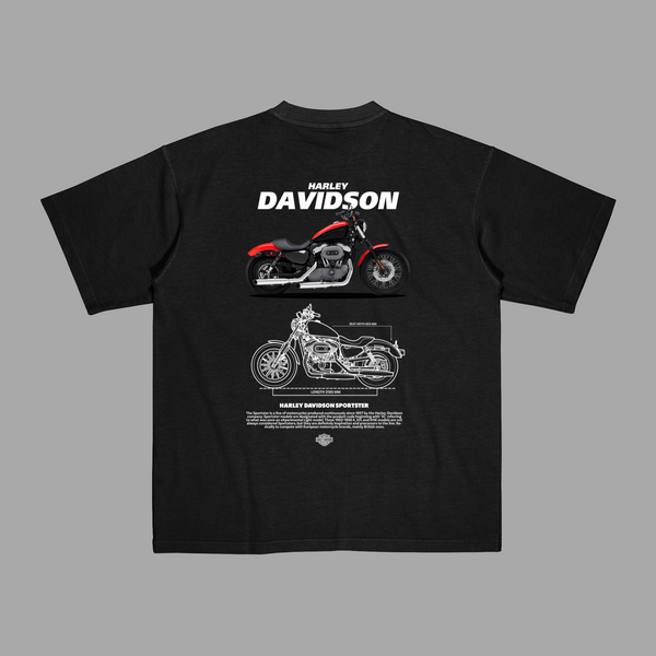 Black T-shirt with Harley-Davidson Sportster graphic and blueprint motorcycle print