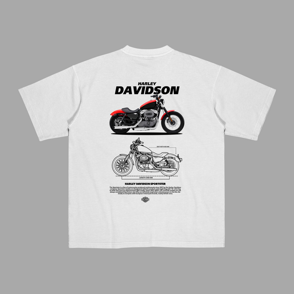 White T-shirt with Harley-Davidson Sportster blueprint and bike design printed on the back