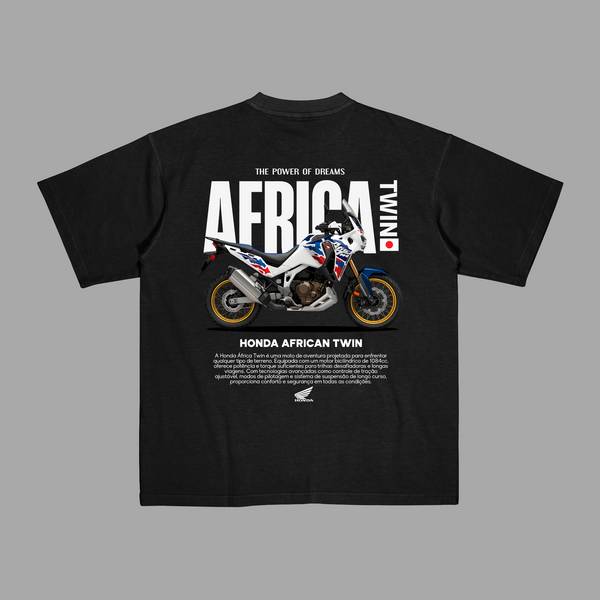 Black T-shirt with striking Africa Twin design showing off-road legacy and powerful lines