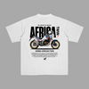 White T-shirt with bold Africa Twin motorcycle print and Dakar-inspired typography on the back