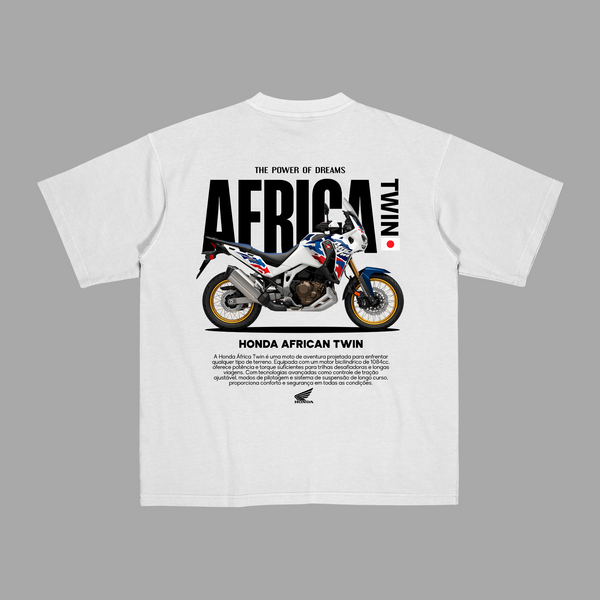 White T-shirt with bold Africa Twin motorcycle print and Dakar-inspired typography on the back