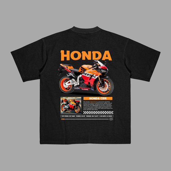 Black t-shirt with iconic Honda CBR in Repsol livery, MotoGP-inspired graphic print