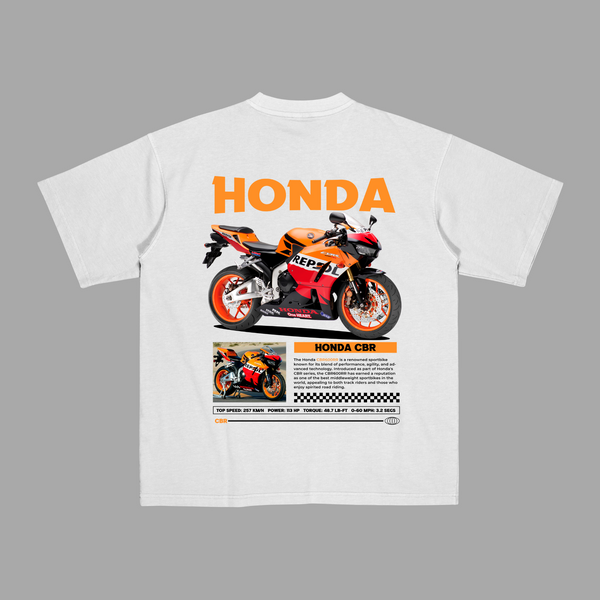 White t-shirt featuring vibrant Honda CBR Repsol racing design with bold orange Honda lettering