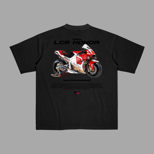 Black Honda LCR MotoGP T-shirt with MotoGP bike design in Idemitsu racing colors printed on the back