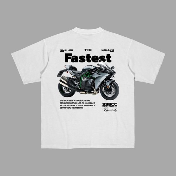 White Kawasaki Ninja H2R T-shirt with detailed back graphic and specs of the 998cc supercharged superbike