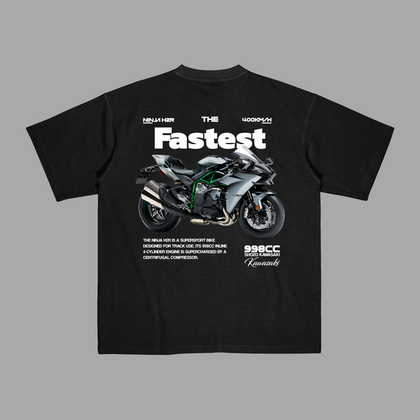 Close-up on white T-shirt showing Ninja H2R artwork and top speed performance data