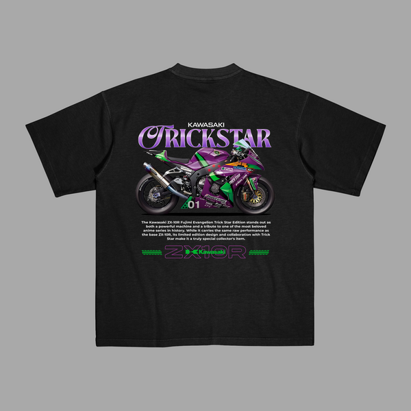 Black T-shirt featuring Evangelion-style Trickstar design with detailed superbike graphic and limited-edition print