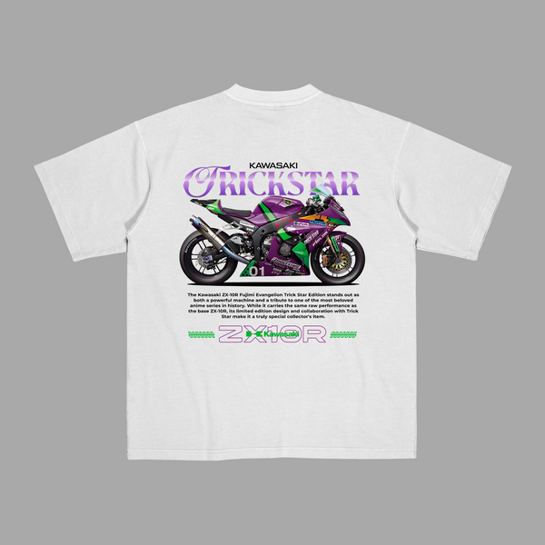 White T-shirt with vibrant Trickstar Kawasaki ZX-10R design and anime-inspired purple-green color scheme