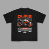 Black KTM Duke 390 T-shirt showcasing bold graphic print of the naked streetbike with orange accents