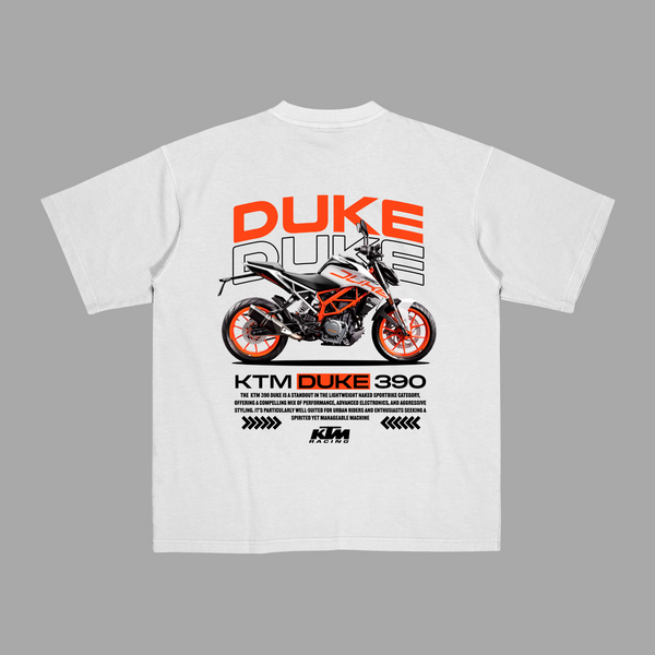 White KTM Duke 390 T-shirt featuring dynamic technical artwork and streetfighter-inspired styling