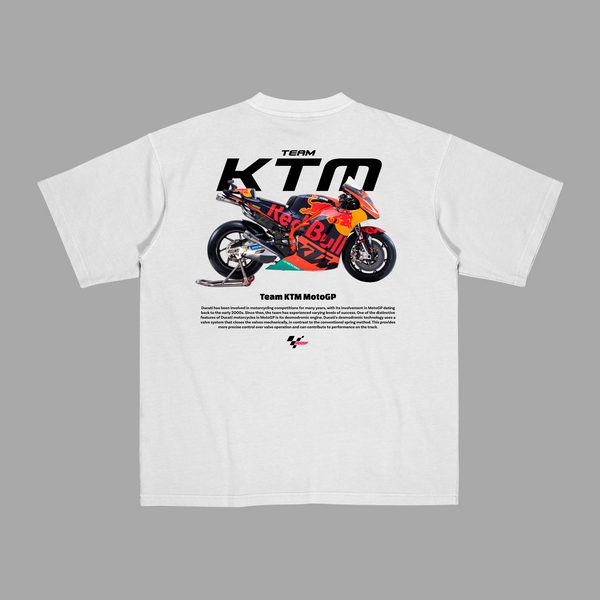 White KTM MotoGP T-shirt with Red Bull racing motorcycle graphic printed on the back