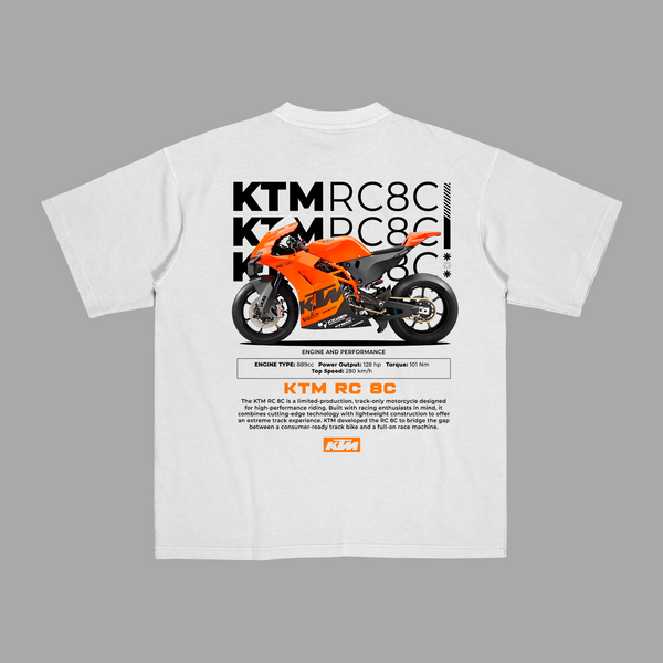 White KTM RC8C T-shirt with technical specs and detailed artwork of the exclusive track-only bike
