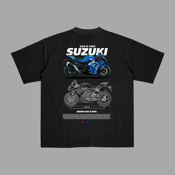 T-shirt blanc Suzuki GSX R 1000 avec illustration technique moto bleue