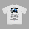 T-shirt noir Suzuki GSX R 1000 avec moto bleue et plan technique