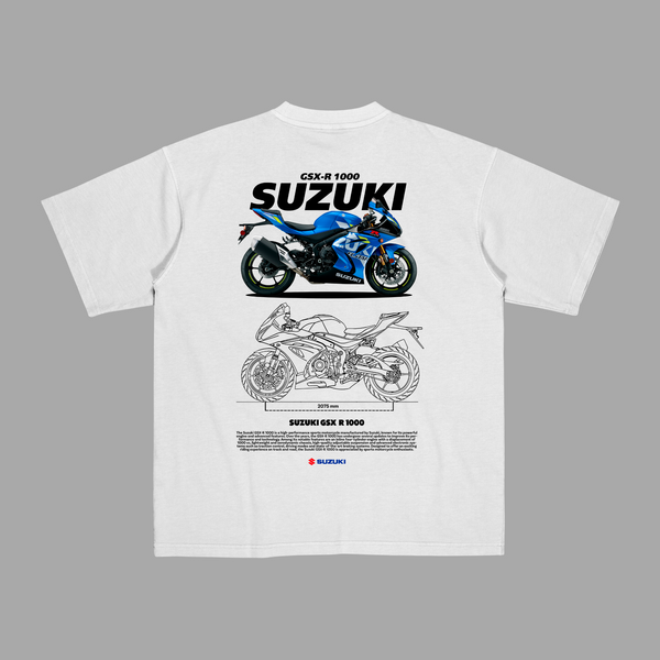 T-shirt noir Suzuki GSX R 1000 avec moto bleue et plan technique